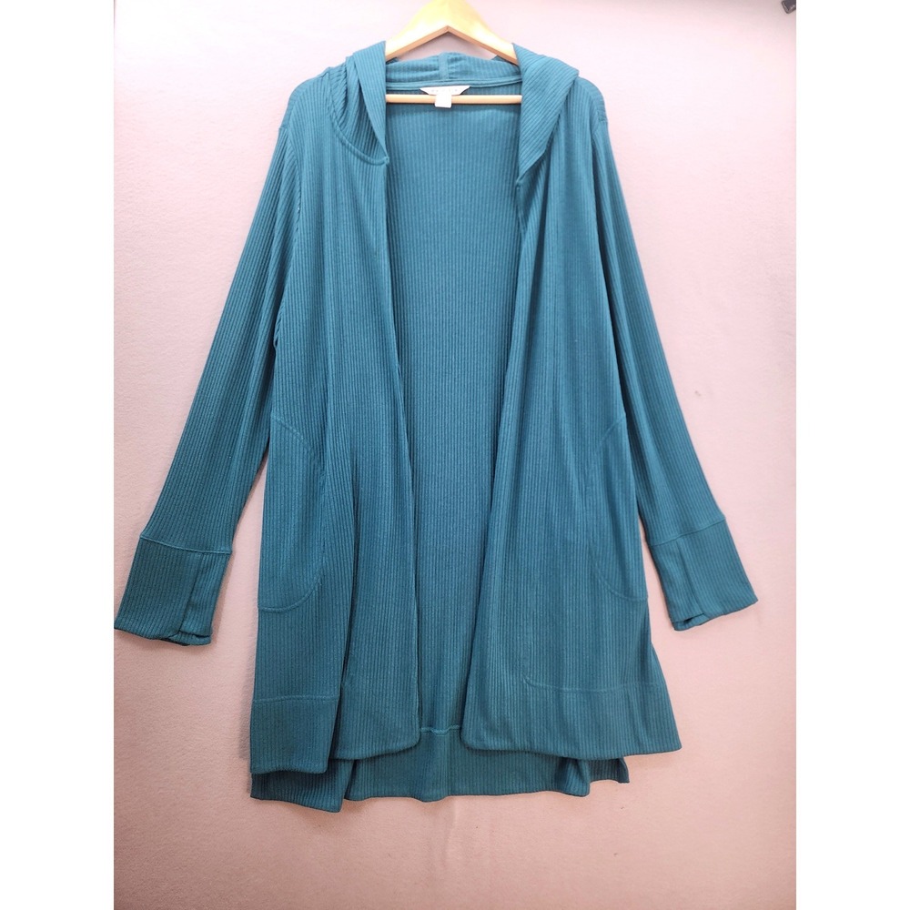 Athleta Harmony‎ Pose Wrap Cardigan Womens Large Teal Blue Ribbed Hooded Pockets